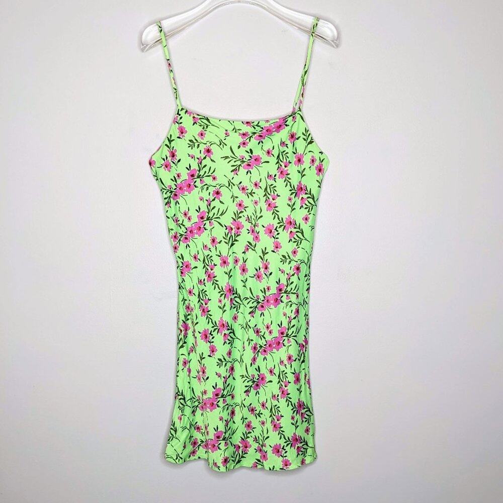 Zara Green Floral Print Mini Slip Dres Adjustable Straps Button Detail Size M